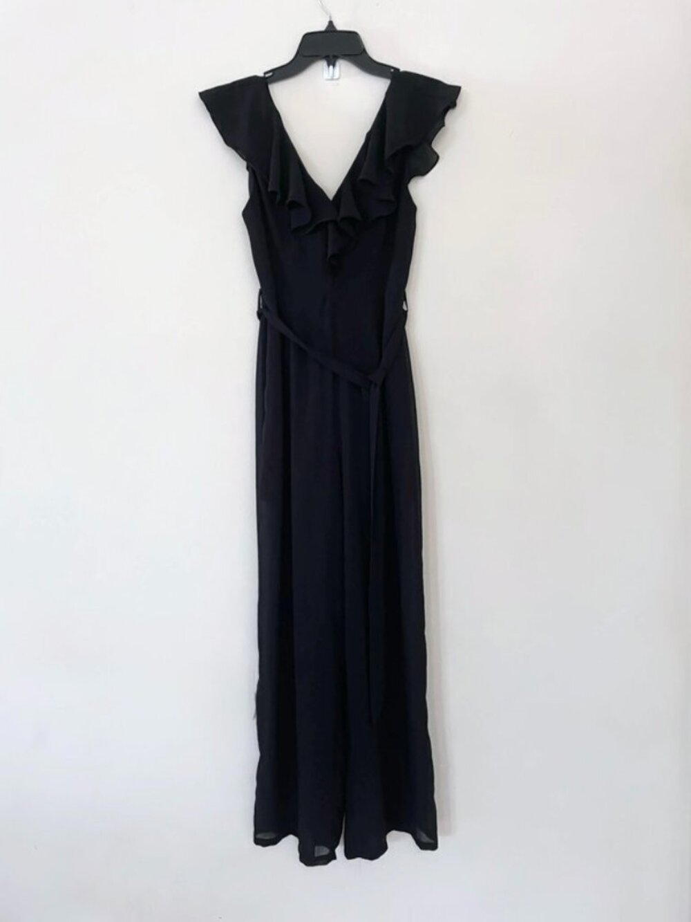 Mi Ami Black ruffle jumpsuit with v neck and built in shorts